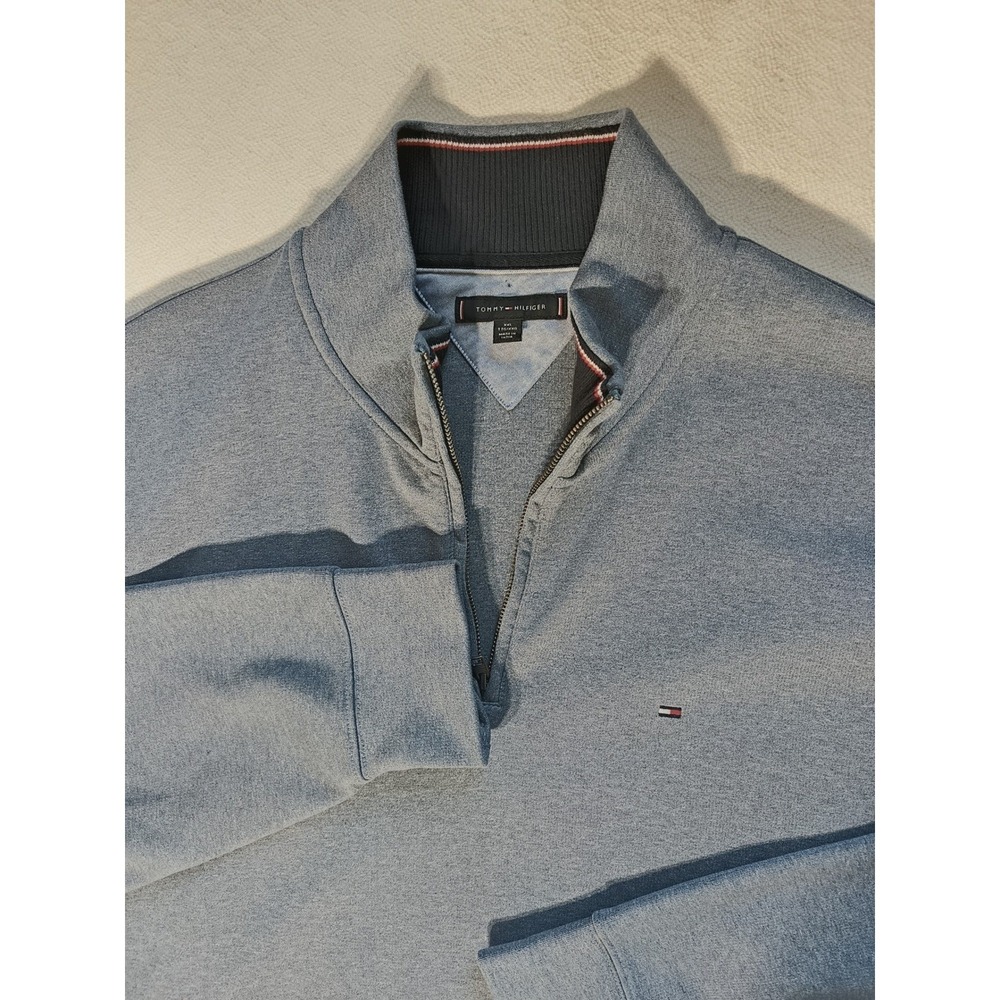 Tommy Hilfiger Mens XXL Quarter Zip Pullover Heather Blue Gray Mock Neck Sweater - Picture 1 of 7